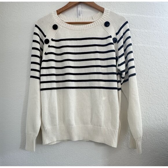 Vivance Sweater Womens Medium Striped Nautical Pullover Crewneck Buttons Coastal - Picture 1 of 13